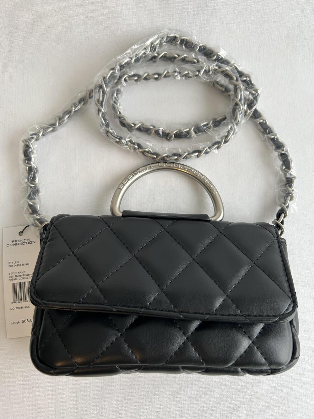 French Connection Mell Quilted Crossbody Bag Womens Black Faux Leather Purse New